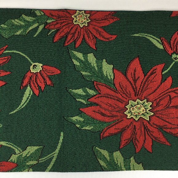 Poinsettia 69 x 13 Christmas Table Runner Red & Green Floral Holiday Tapestry - Picture 6 of 16